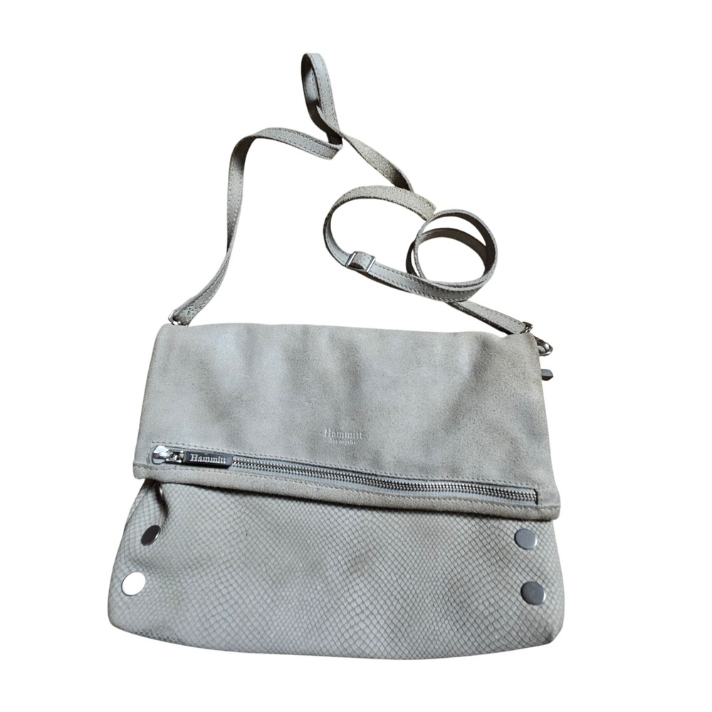 Hammitt VIP Snake Embossed Leather Foldover Crossbody Bag Silver Pewter Rivets